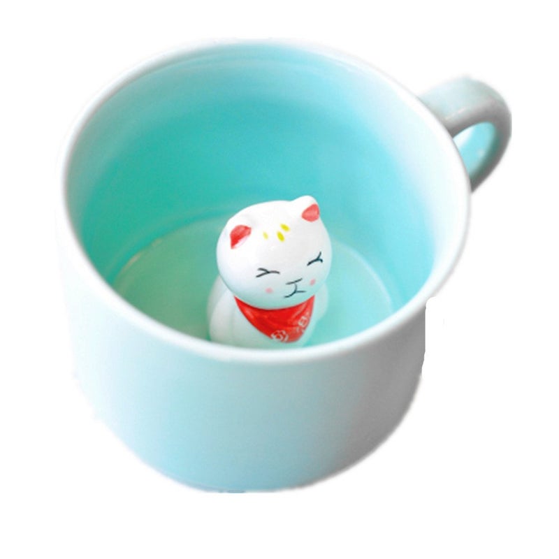 ZaH 3D Coffee Mug Cute Animal Inside Cup Cartoon Ceramics Figurine Teacup for Boys Girls Kids - Party Office Morning Mugs for Tea Juice Milk Chocolate Cappuccino (8 oz Fortune Cat) - Image 1